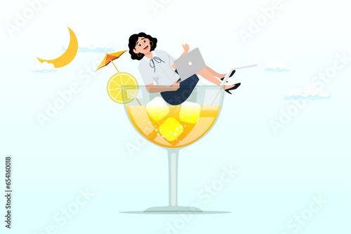 Businesswoman relax working remotely with computer laptop in cocktail glass at night, work anywhere anytime, hybrid work or flexible hour for employee choice to choose where and when to work (Vector)