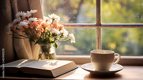 A cup of coffee and a book on a window sill