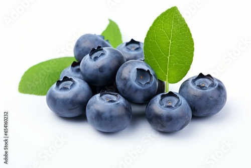 Blueberry with leaves on white background. Bilberry on white. Full depth of field. Generative AI