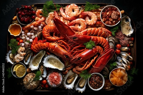 A delicious platter of diverse seafood and succulent meat. Generative AI