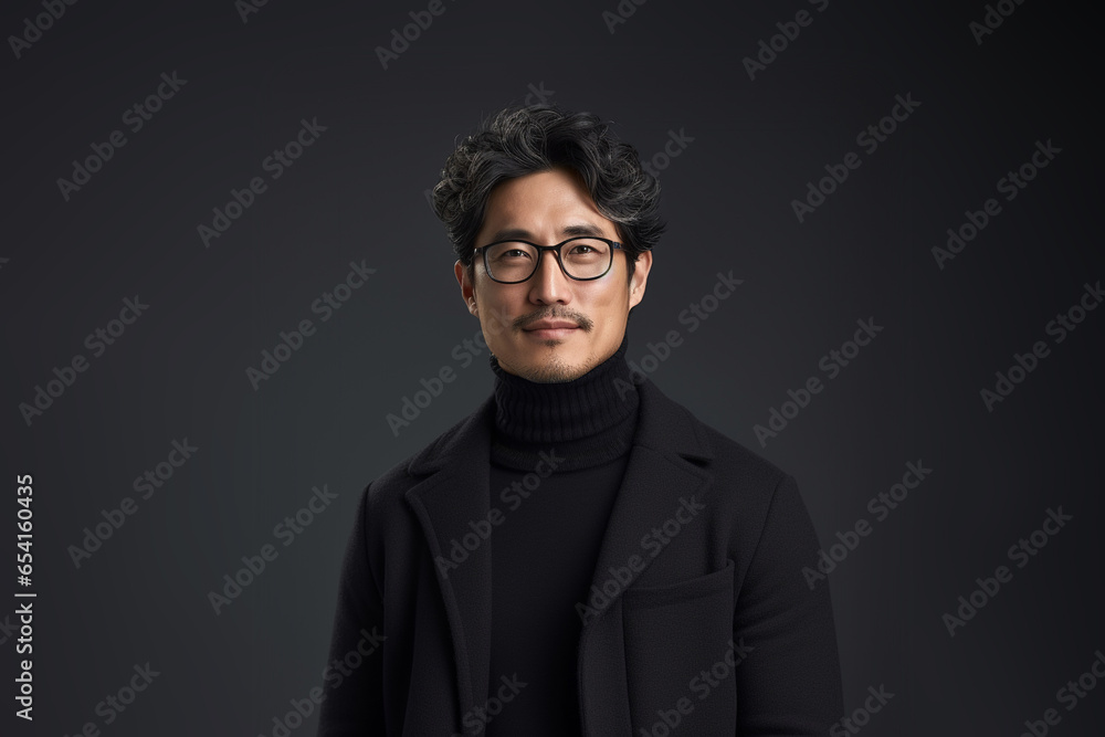 Fototapeta premium Portrait of a smiling Asian businessman wearing glasses and black suit with looking at the camera in confidently while standing alone in a dark wall background.