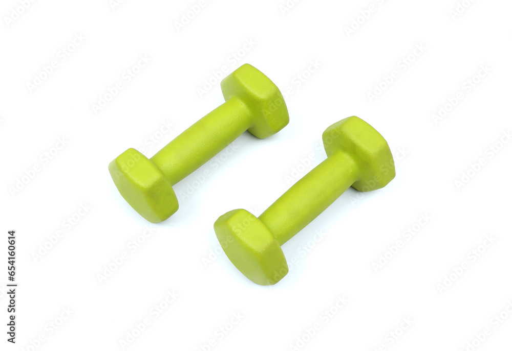 green rubber dumbbell isolated on white background green rubber dumbbell isolated on white background