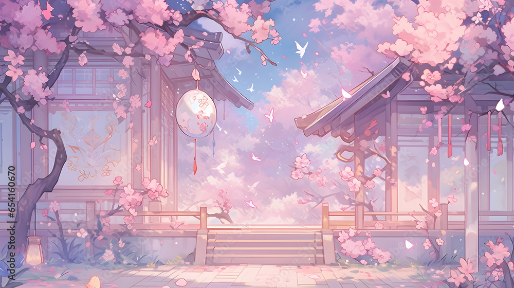 Cherry blossom background. Spring landscape with blooming sakura and wooden house in the Japanese anime background. - obrazy, fototapety, plakaty 