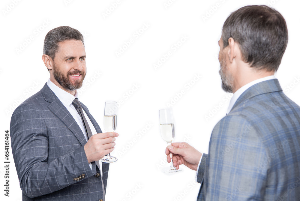 partnership and business success. businessmen isolated on white. successful business partnership. two successful businessmen partner celebrating business success with champagne glass partnership and business success. businessmen isolated on white. successful business partnership. two successful businessmen partner celebrating business success with champagne glass