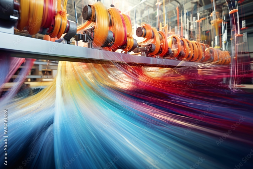 a textile factory floor with spinning machines creating threads. Motion blur from long exposure illustrates the seamless weaving process - obrazy, fototapety, plakaty 
