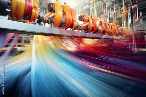a textile factory floor with spinning machines creating threads. Motion blur from long exposure illustrates the seamless weaving process photo