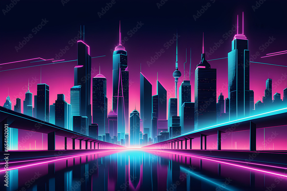 A neon-lit cityscape with a 90s skyline