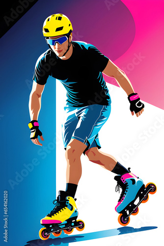 Illustration of a person rollerblading in bright, contrasting colors