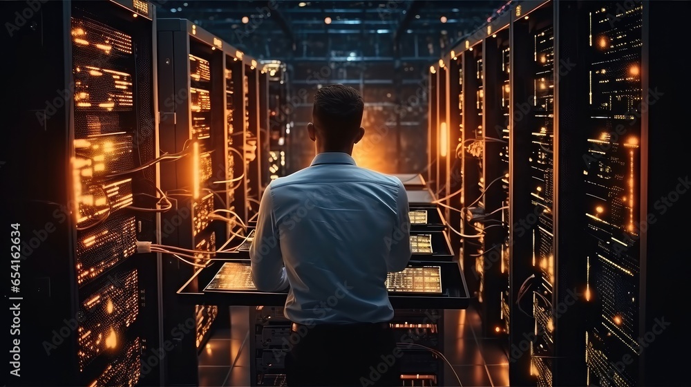 IT Professional Admin man working in a large computer server farm. IT Professional Admin man working in a large computer server farm.