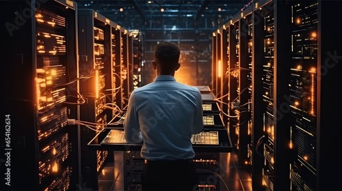 IT Professional Admin man working in a large computer server farm.