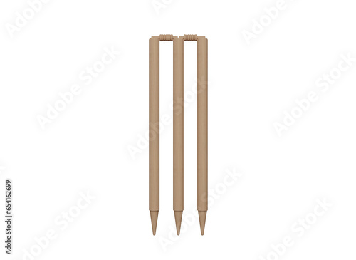 Cricket ball hitting wicket stumps knocking bails out against blue sky background. Bails fly from cricket stumps as ball hits on grass field. Close-up of cricket stumps and bails. 3D Rendering