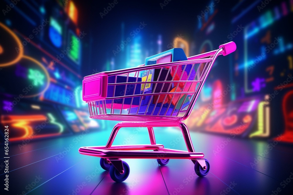 Illustrator shopping cart on neon background. Generative AI