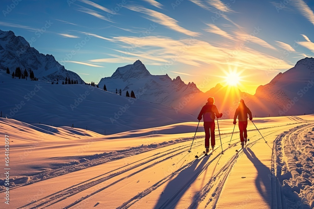 Skiers on a sunny winter morning in Italy Alps, South Tirol, Solda on sunset Skiers on a sunny winter morning in Italy Alps, South Tirol, Solda on sunset