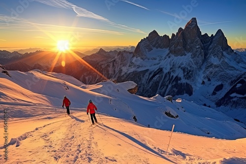 Skiers on a sunny winter morning in Italy Alps, South Tirol, Solda on sunset