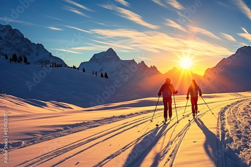 Skiers on a sunny winter morning in Italy Alps  South Tirol  Solda on sunset