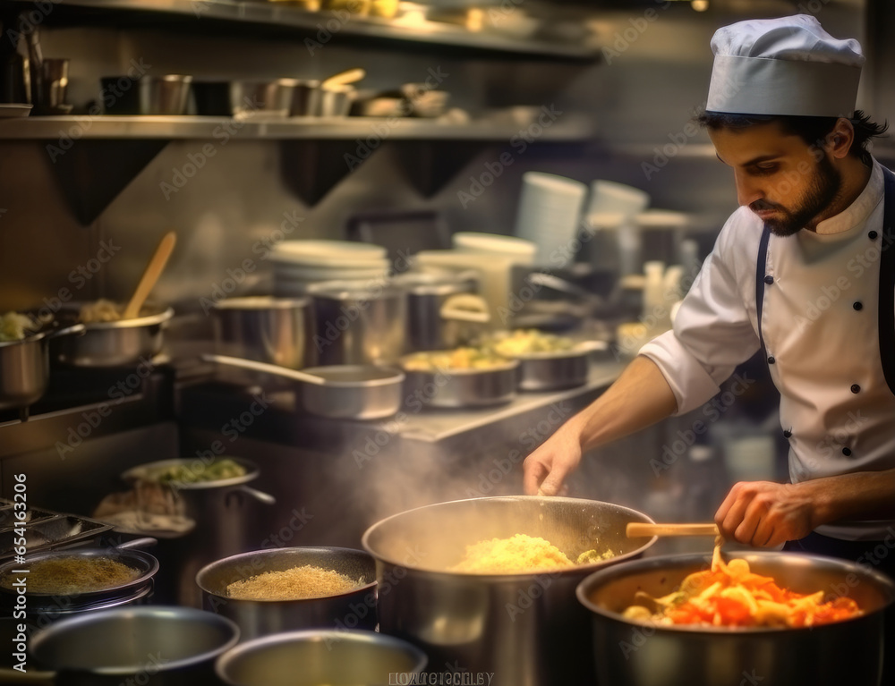 Male chef assistant preparing soup in a busy kitchen in a luxurious restaurant. Male chef assistant preparing soup in a busy kitchen in a luxurious restaurant.