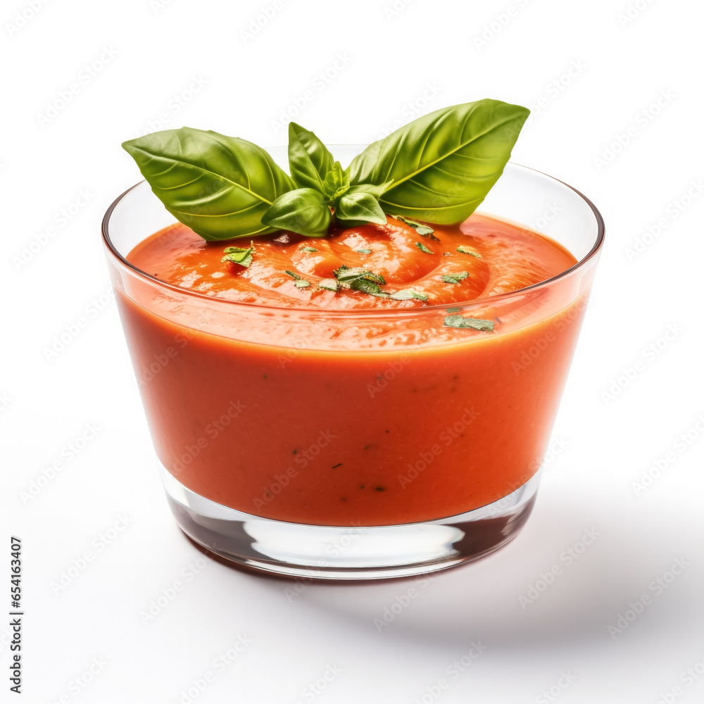 Chilled gazpacho soup with fresh basil garnish served in a glass bowl isolated on a white background Chilled gazpacho soup with fresh basil garnish served in a glass bowl isolated on a white background