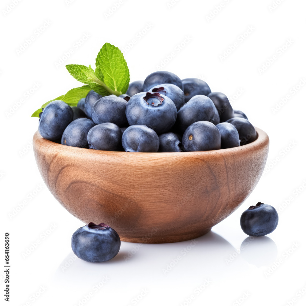 Rustic bowl brimming with fresh blueberries isolated on a stark white background Rustic bowl brimming with fresh blueberries isolated on a stark white background