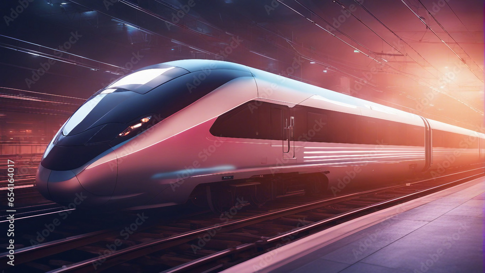 Fast modern express passenger train on high speed railway moving from flash light generated by AI