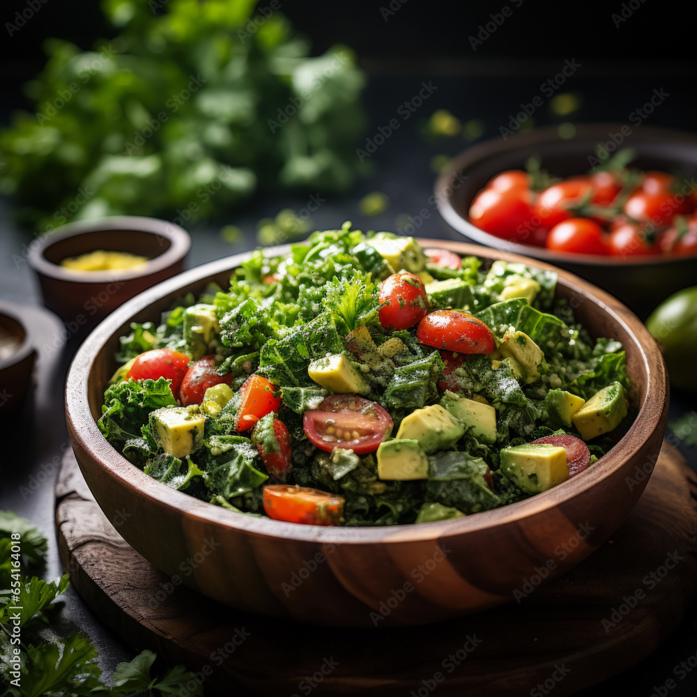 Chopped kale salad in a rustic wooden bowl on white background 