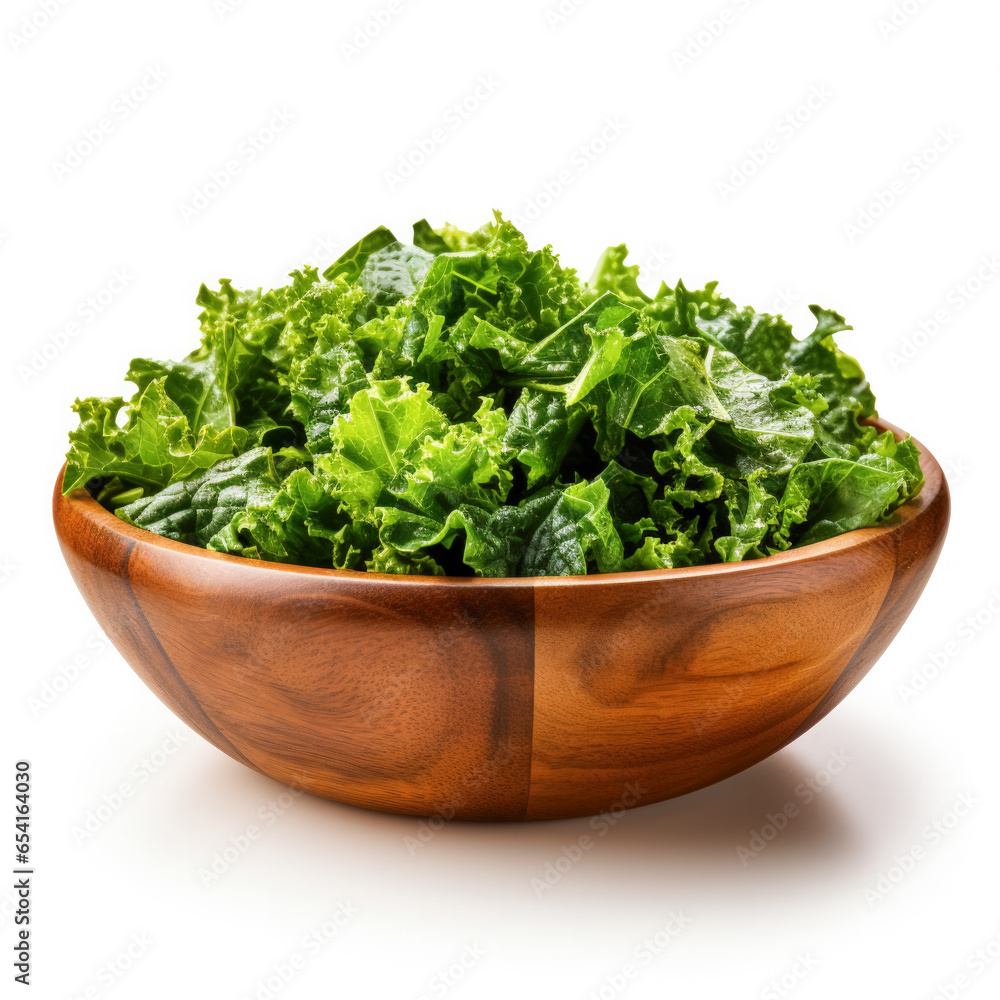 Chopped fresh kale salad in a wooden bowl isolated on a white background Chopped fresh kale salad in a wooden bowl isolated on a white background