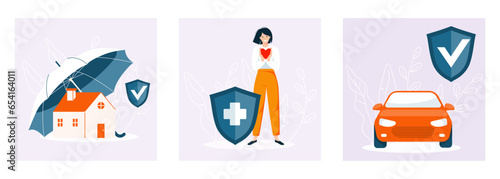 Insurance coverage protection illustration collection set. Care about family life, assurance protection. Car and house safety. Vector illustration.