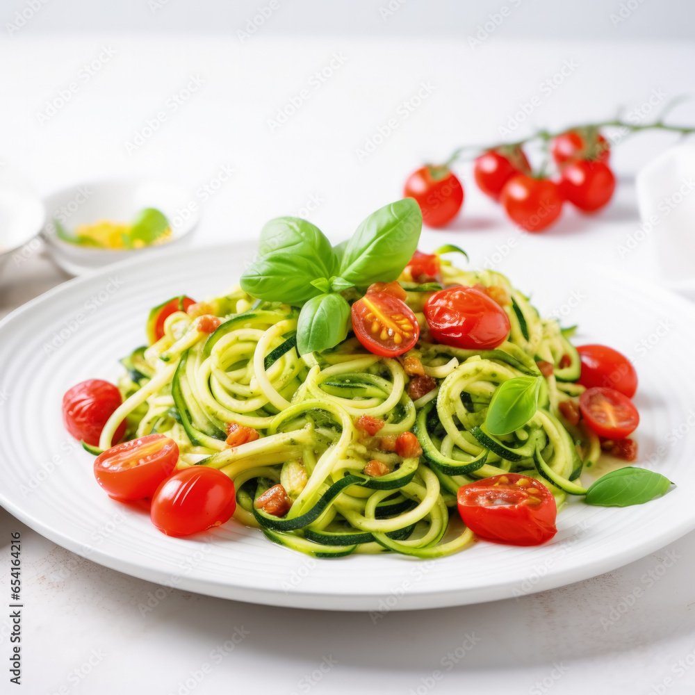 Zucchini spaghetti garnished with cherry tomatoes and basil on white background 