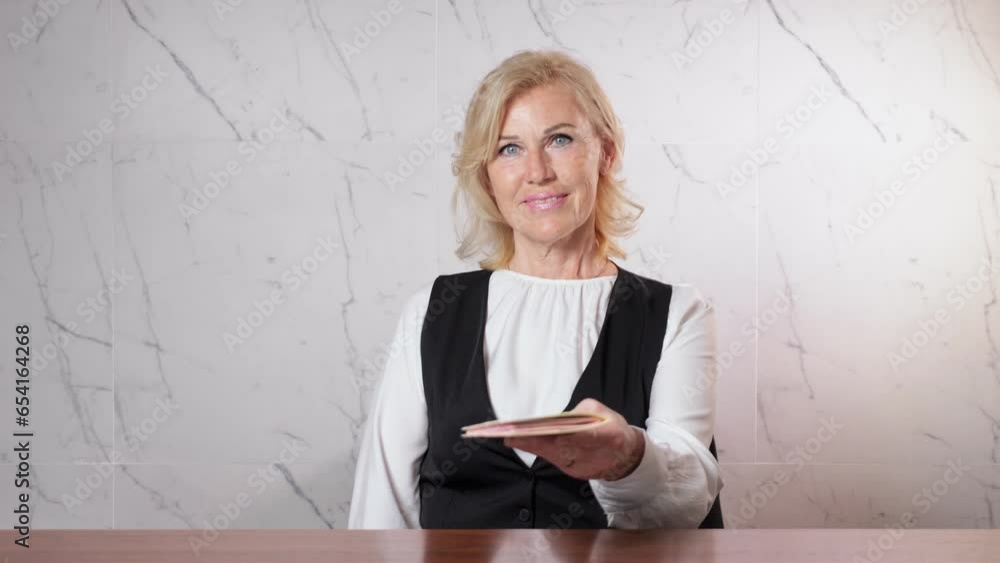Woman receptionist gives passport to customer at reservation table in luxury hotel. Female welcomes new visitors at luxury hotel reception, close-up Woman receptionist gives passport to customer at reservation table in luxury hotel. Female welcomes new visitors at luxury hotel reception, close-up