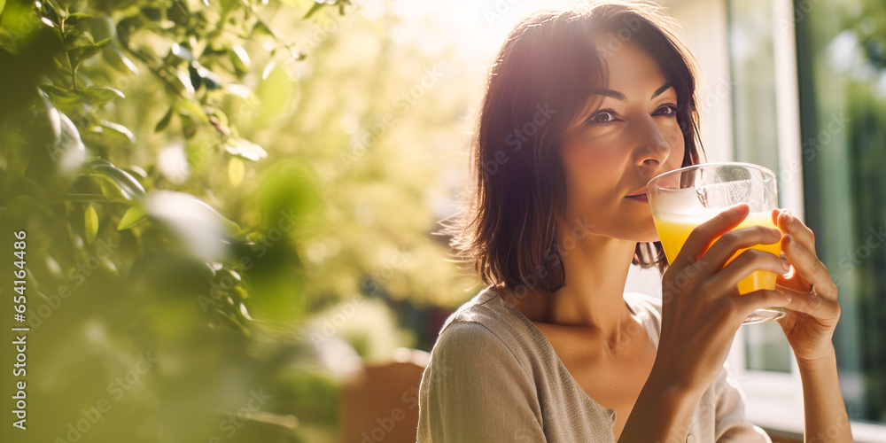 Serene woman enjoying apple juice in a de-contrasted, cold-toned garden setting. Serene woman enjoying apple juice in a de-contrasted, cold-toned garden setting.