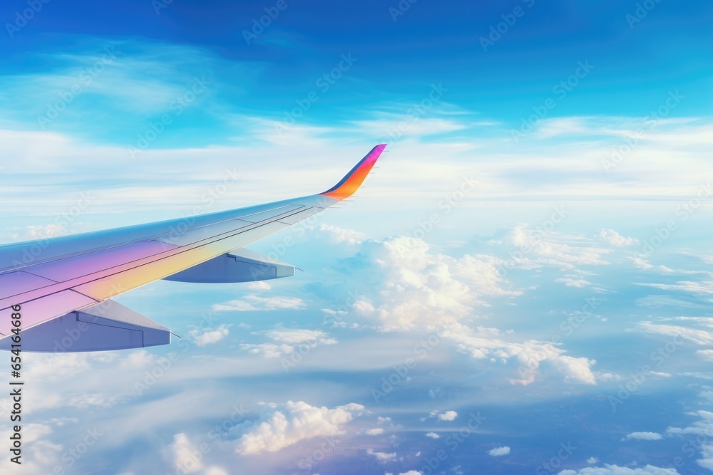 The wing of an airplane flying above the clouds. Generative AI. The wing of an airplane flying above the clouds. Generative AI.