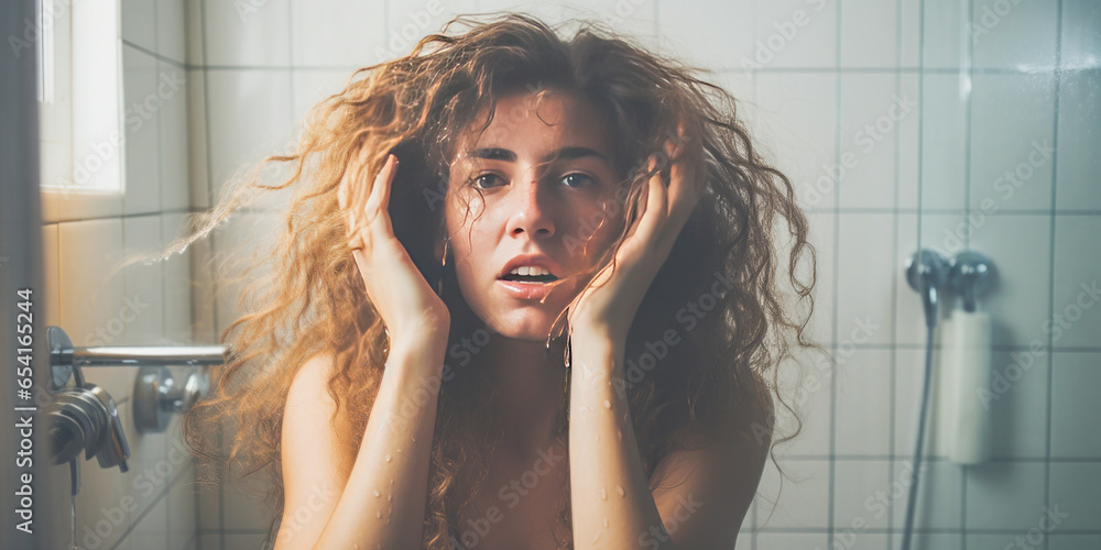 Vibrant woman washing her frizzy hair in the bathroom. - obrazy, fototapety, plakaty 