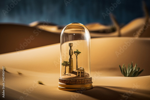 Within an enormous hourglass, a miniature desert oasis thrives, complete with tiny nomadic civilizations traversing dunes of golden sand beneath a shimmering glass sky.