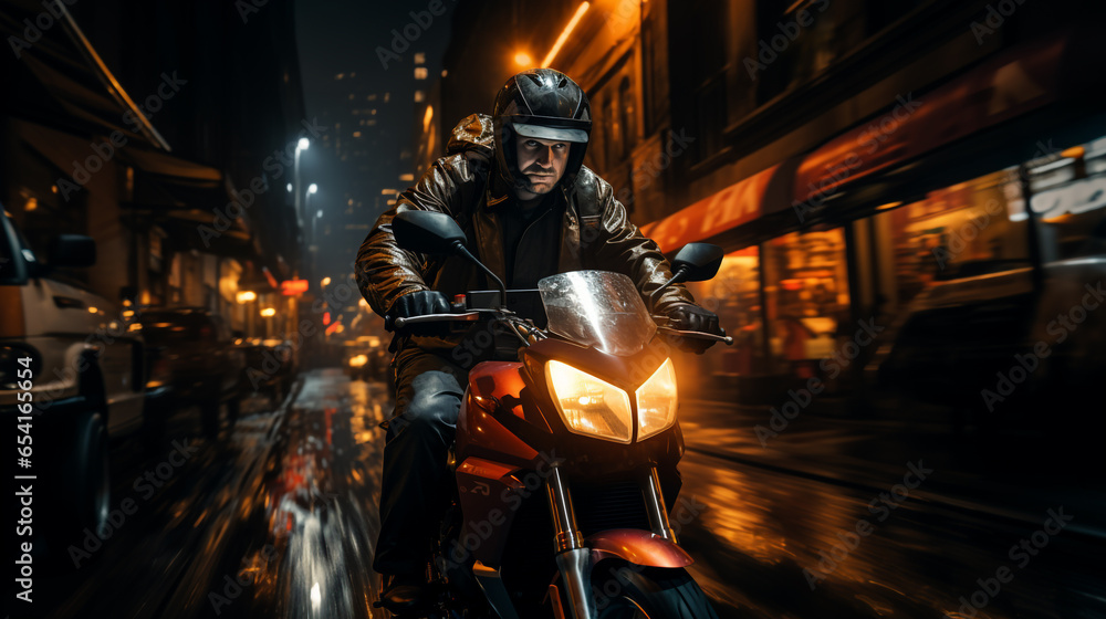 An urban scene showing a motorcycle rider navigating through city streets, embodying the excitement and energy of urban exploration.  A package distributor.
