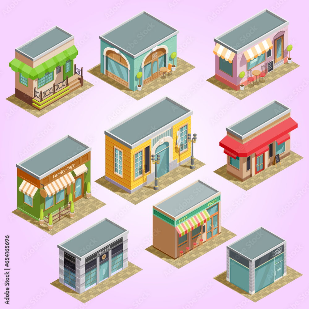 Store Building Identification vector store buildings isometric icons set cons urban transport ...