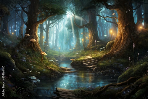 Illustration showing a magical journey in the enchanting woods. Generative AI