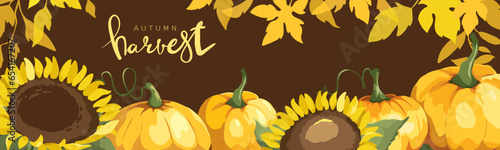 Banner with pumpkins, sunflowers and yellow leaves. Vector illustration in watercolor painting style, background for autumn holidays. EPS 10