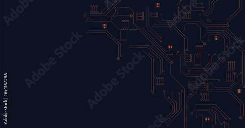 Orange circuit diagram on dark blue background. digital circuit board technology background for internet connectivity concept.	