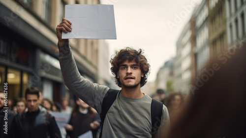 A political activist protesting holding a blank placard sign banner at a protest. Young political activist holding aloft a blank banner, inviting interpretation for protest. Generative ai