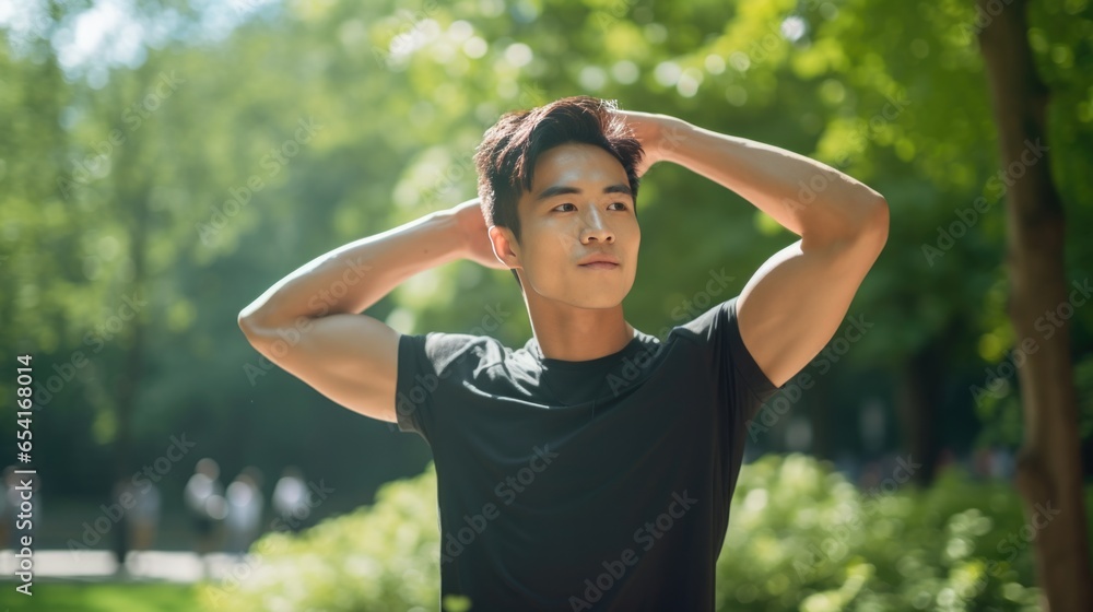 Portrait of a smiling young adult asian man in sportswear in an urban city park.