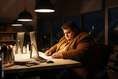 Fat manager working late in illuminated office background with empty space for text  © fotogurmespb