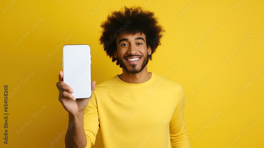 happy attractive african american man showing blank mobile phone screen recommending app smiling at camera on yellow background. Mobile application advertising. AI. - obrazy, fototapety, plakaty 
