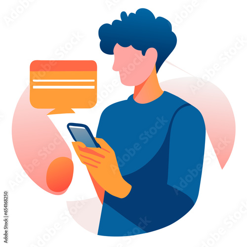 Cartoon character with mobile phones. Flat vector illustration. Message text bubble. Woman using mobile app for chating, online banking and business growing 