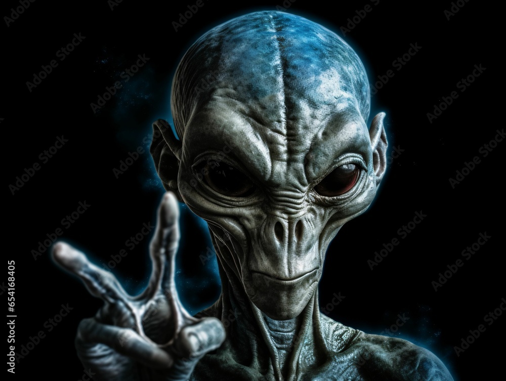 Alien Showing Peace Sign in Dark Background
