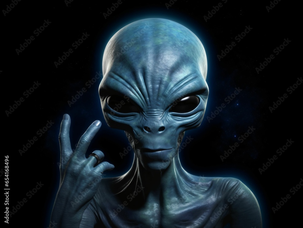 Alien Showing Peace Sign in Dark Background Alien Showing Peace Sign in Dark Background