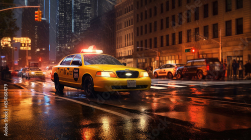 A taxi through the city streets on a quiet autumn night