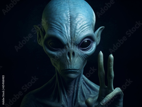 Alien Showing Peace Sign in Dark Background © Resdika