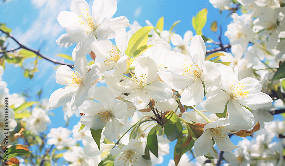 Blooming apple tree flowers on a sunny day against a spring blue sky in the garden.Macro Blooming apple tree flowers on a sunny day against a spring blue sky in the garden.Macro