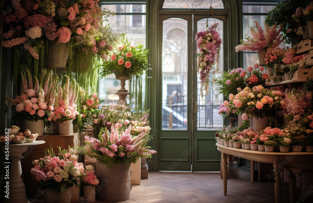 pink flowers in the flower shop with big window pink flowers in the flower shop with big window
