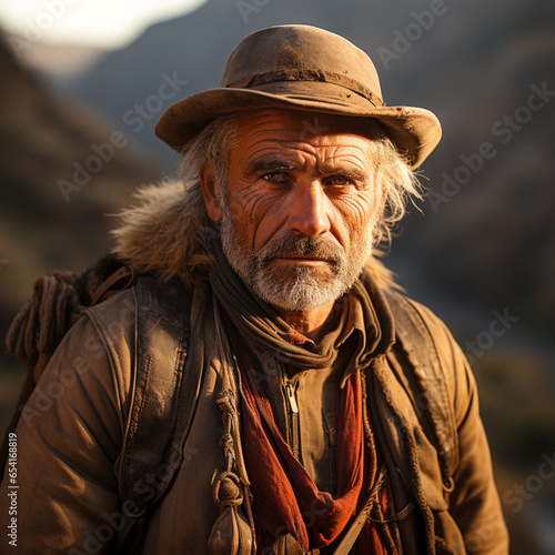 old man hiking in canyon in Southern California in sunset lighting 