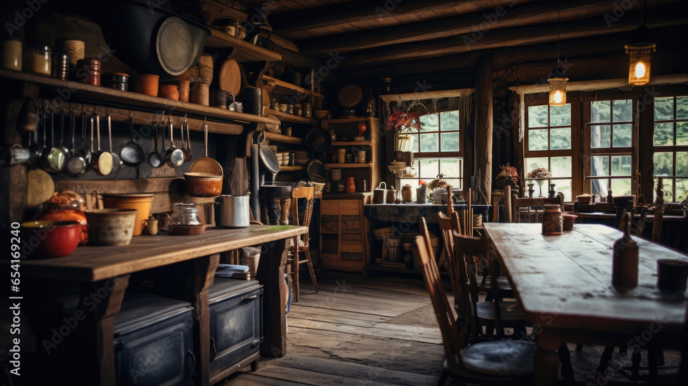 Rustic Charm: Old Wood Kitchen in Log Cabin
